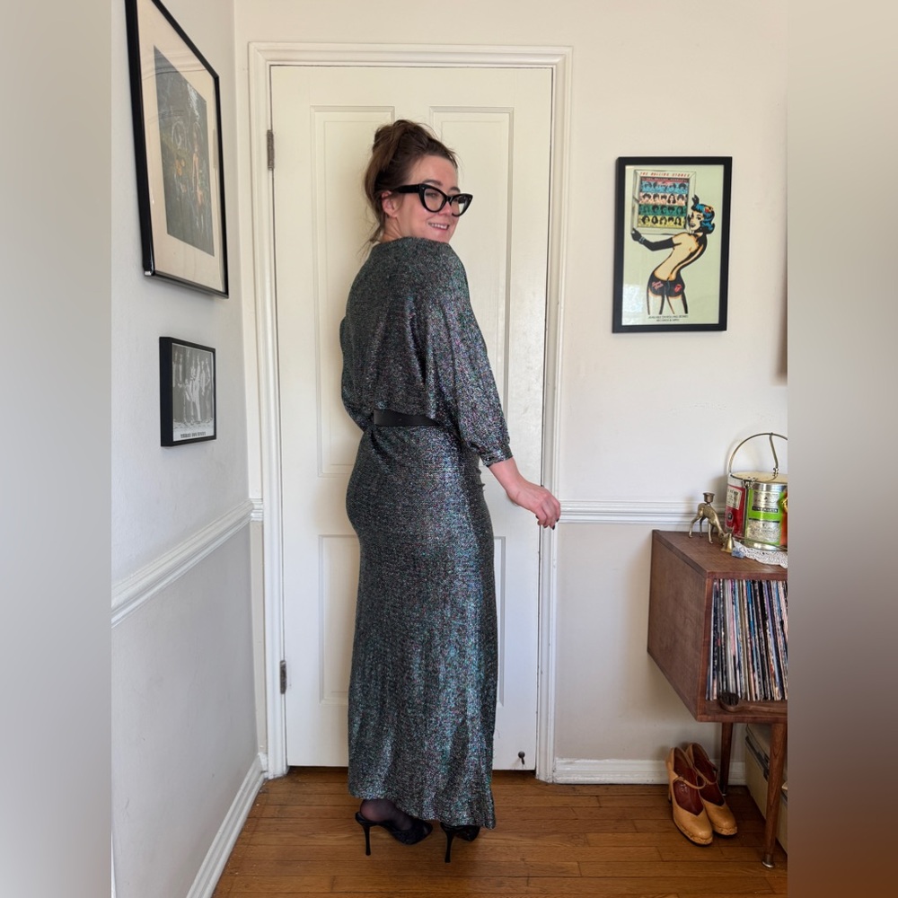 80s Vintage Maxi Length Batwing Sleeve Lurex Dress - Picture 4 of 9